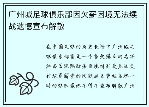 广州城足球俱乐部因欠薪困境无法续战遗憾宣布解散 广州城足球俱乐部因欠薪困境无法续战遗憾宣布解散