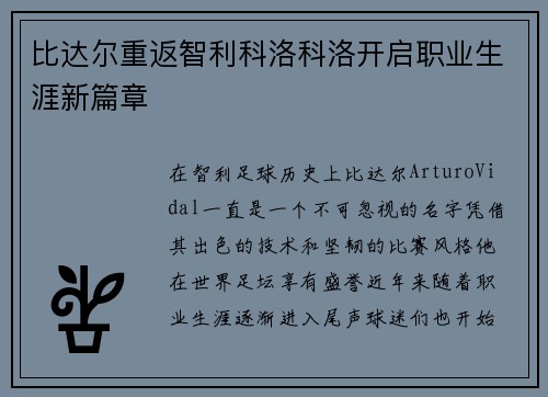 比达尔重返智利科洛科洛开启职业生涯新篇章 比达尔重返智利科洛科洛开启职业生涯新篇章